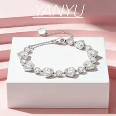 Pulseira em formato de coração de prata S925, incrustada com zircônia brilhante e diamantes rosa-brancos, presente l RU5