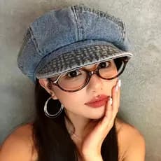 Boné Octogonal de Denim Lavado Retrô para Mulheres, Primavera Verão, Grande, Simples, com Aba Macia, Boin KUFU