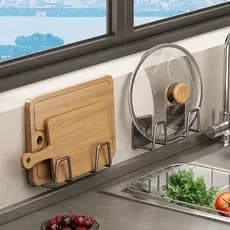 Placa de corte de aço inoxidável rack pote tampa rack prateleira de cozinha sem perfuração casa prateleira de parede pla