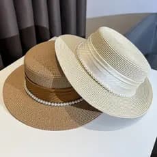Francês 2026 chapéu de topo plano feminino chapéu novo estilo verão moda pérola chapéu de sol chapéu de palha chapéu de