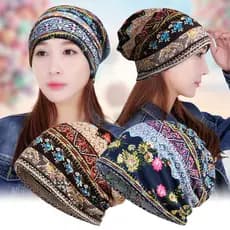 Chapéu com Lenço Floral Feminino, Lenço Muçulmano de Algodão Elástico ZPXB