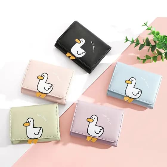 Carteira Feminina Design de Pato da Sorte em Estilo Cartoon Criativo, Porta Cartão de Couro PU, Carteiras Kawaii de Dobr