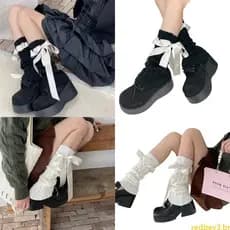 Meias Longas Femininas Vermelhas Lolitas Tricotadas Polainas Balé Cadarço