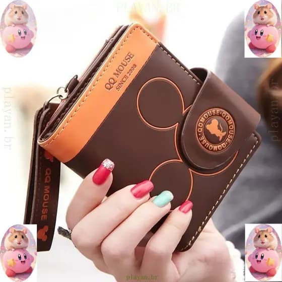 Carteira feminina pequena, com zíper do Mickey Mouse/impressão de fotos simples/Material PU