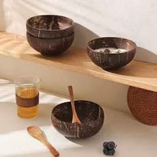 Tigela de iogurte com colher Tigela de casca de coco Tigela de casca de coco Natural Tigela de sobremesa Tigela de água