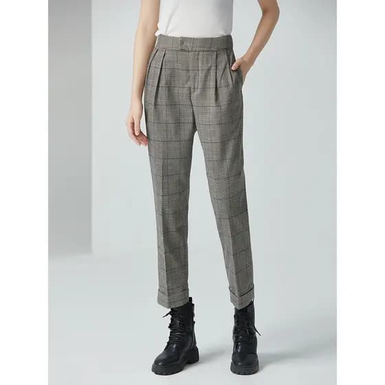 Calças xadrez femininas perna reta 2026 primavera novo estilo Houndstooth verificado Harem cenoura calças mais magro olh