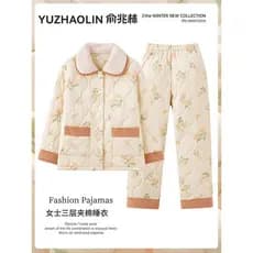 Pijama de mãe acolchoado de três camadas feminino outono inverno estilo 2026 forro de lã para idosos de meia-idade gross