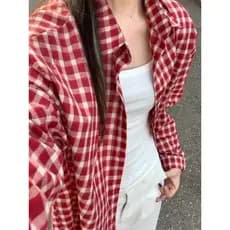 Camisa xadrez vermelha estilo preguiçoso manga comprida gola POLO camisa feminina verão solto protetor solar camisa Casu