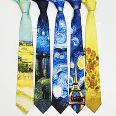 Gravata masculina de poliéster com estampa de seda, gravata vintage, pintura a óleo de Van Gogh, gravata casual de moda