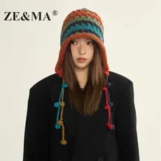 ZE & MA chapéu feminino de malha chapéu de inverno feminino 2025 novo estilo balde chapéu de lã chapéu de pilha de inver
