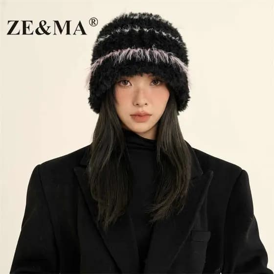 ZE & MA chapéu feminino de malha chapéu de inverno feminino 2025 novo estilo balde chapéu de lã chapéu de pilha de inver
