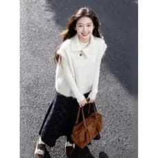 Lapela Irregular branco Mohair colete de malha feminino outono inverno em camadas gola alta colete exterior camisola col