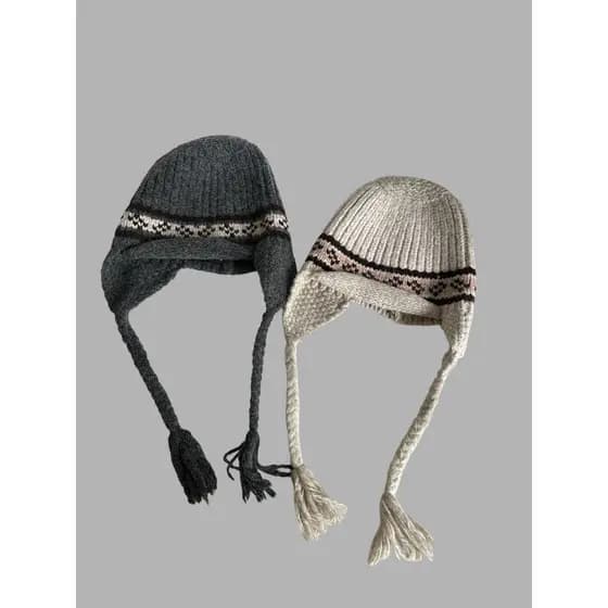 Lã misturada chapéu de malha chapéu de lã inverno senhoras vermelho Retro cinza artesanal xadrez decoração chapéu de pro
