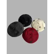 Boina requintada de lã quente retrô chapéu outono inverno feminino vermelho branco flores costuradas à mão com diamantes