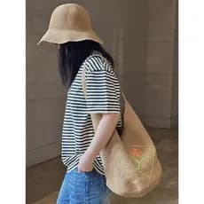 Bolsa de palha artesanal, bolsa balde feminina bordada com flores pequenas, preto, bege, macia, sem gravata, bolsa de pr