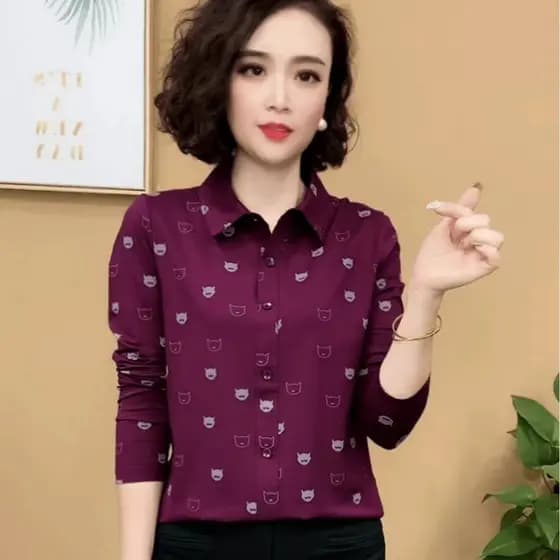 [Baratine] Camisa feminina grande All-Match tamanho elegante ocidental mais magro olhar colarinho de manga comprida prim