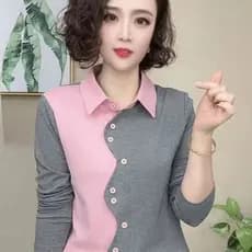 Camiseta feminina estampada simples de tamanho grande, camisa de manga comprida, primavera outono, lapela de alta qualid