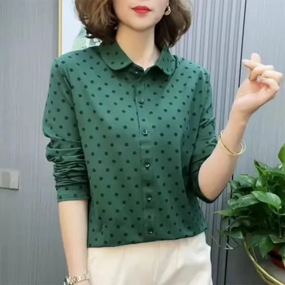 [Baratine] Camisa feminina grande tamanho Base ocidental lapela manga comprida temperamento All-Match estilo fino 2025 b