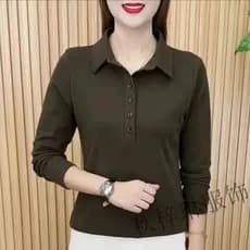 [Baratine] Camisa de manga comprida com gola POLO 2026 Início do outono moda lapela Plus Size Top feminino médio