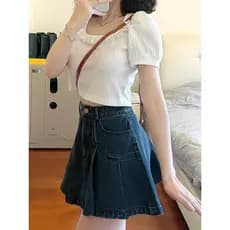 Miss Gong jk Pequena Camélia Saia Jeans Feminina Saia Jeans Saia Plissada Verão Saia Linha a Saia Jeans