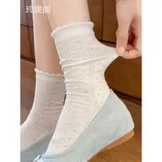 {Lace Whisper} miu Series Meias Brancas Verão Estilo Fino Feminino Puro Algodão Verão Renda Malha Respirável Meias Tubo