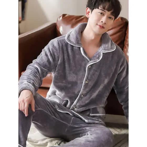 Pijamas masculinos estilo inverno engrossado flanela Loungewear Coral velo velo quente terno Cardigan pode desgastar