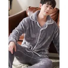 Pijamas masculinos estilo inverno engrossado flanela Loungewear Coral velo velo quente terno Cardigan pode desgastar