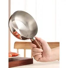 Frigideira pequena de nogueira de aço inoxidável doméstica, frigideira para uma pessoa, não revestida, antiaderente, pan