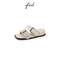 Fed Chinelos de couro genuíno femininos verão novo estilo sapatos femininos dedo do pé quadrado sandálias de cunha desli