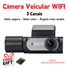 Câmera Veicular WIFI 3 Canais Visão Noturna Dashcam Gravação em Loop + Cartão 64GB WDR Full HD DVR