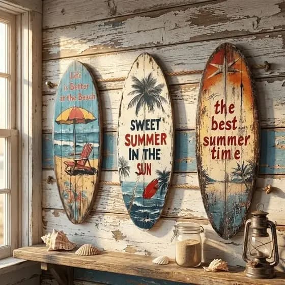 Pranchas De Surf De Madeira De Verão Decoração De Parede Praia Temática Palmeira Prancha Guarda-Chuva De Suspensão