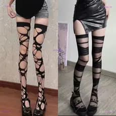 Meias de cano alto irregulares em estilo gótico punk da subcultura Y2K, meia-calça com detalhes vazados NT9U
