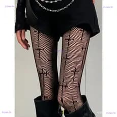 Meias de rede femininas com estampa de renda, leggings de malha, estilo gótico Lolita, meias longas com estampa de cruz,