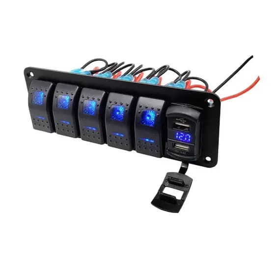 Painel de Interruptores para Barco Marítimo de 2, 3, 4, 5, 6 Posições, com USB Duplo de 4.2A, LED Azul e Interruptores O