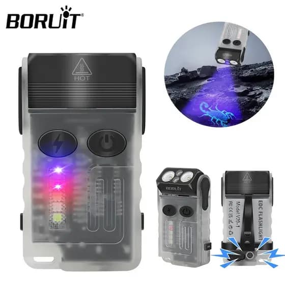 BORUiT V20 Lanterna LED Chaveiro 180 ° Lanterna de Emergência com Alarme, Recarregável USB-C, Clipe Magnético UV Rotativ
