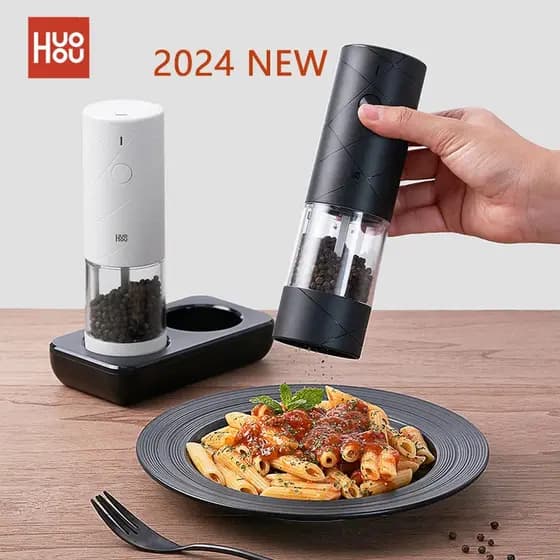 NOVO 2024 Moedor Elétrico Huohou para Pimenta, Temperos, Especiarias, Grãos, Moedor de Sal com Luz LED, 6 Modos, Ferrame