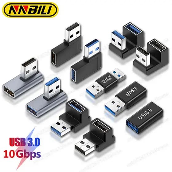 Adaptador de Extensão USB 3.0 em Ângulo Reto de 90 Graus NNBILI, Conector USB com Curva para Cima para PC, Conversor de
