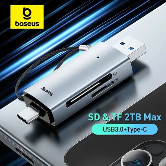 Leitor de Cartões Baseus USB C e USB3.0 para Cartões SD, Micro SD e TF, Dispositivo de Leitura de Cartões Inteligentes 1