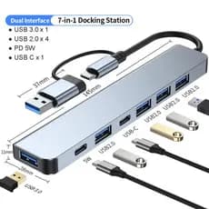 USB C Hub USB Hub 3.0, Aluminum 7 in 1 USB Extender, USB Splitter with USB 3.0, 4 X USB 2.0 and 2 USB C Ports USB Distri