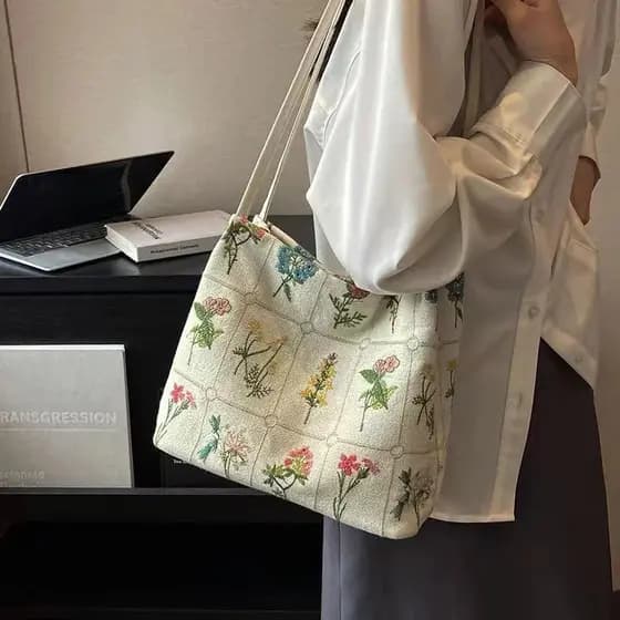 Bolsa Tote Bordada de Grande Capacidade para Mulheres, Bolsa de Tecido da Moda de Verão, Bolsa de Ombro com Bordado Excl