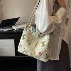 Bolsa Tote Bordada de Grande Capacidade para Mulheres, Bolsa de Tecido da Moda de Verão, Bolsa de Ombro com Bordado Excl