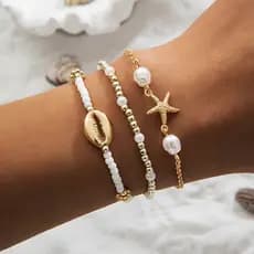 Conjunto de 3 Pulseiras de Concha de Verão para Mulheres, Estilo Boêmio, com Pingente de Estrela-do-mar, Pérolas e Miçan