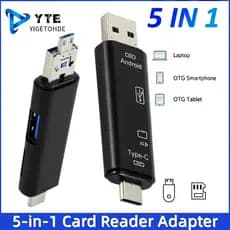 Leitor de Cartões Multifuncional USB Tipo C 5 em 1, Adaptador OTG de Alta Velocidade para Cartões Tipo C/Micro USB/TF/SD