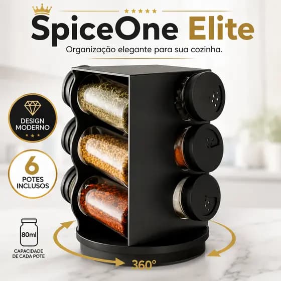 Organizador de Temperos Giratório 6 Potes 80ml SpiceOne Elite Porta Condimentos Cozinha Compacto Preto Rotação 360°