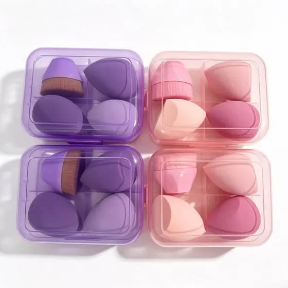 Kit Esponja de Maquiagem 3 Esponjas 1 Pincel para Base e Corretivo Estojo Transparente Kit Maquiagem Feminino