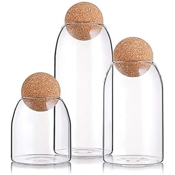 Frasco De Armazenamento De Vidro De 3 Pacotes Com Tampa De Cortiça Esférica , Recipientes Transparente Bola , Lindas Gar
