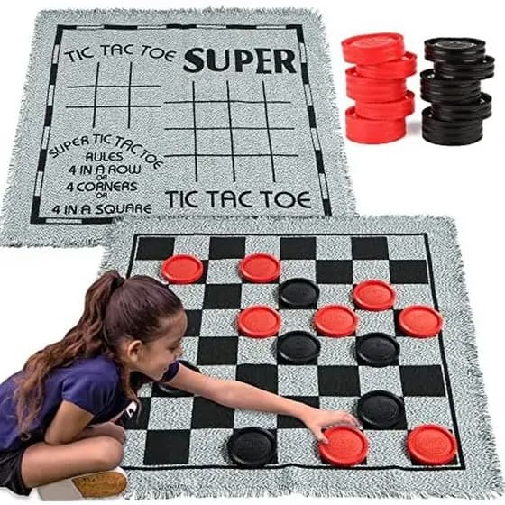 Damas Gigantes Vintage 3 Em 1 , Tic , Tac , Toe , Com Tapete Reversível , 24 Fichas , Jogo De Tabuleiro Familiar Gramado