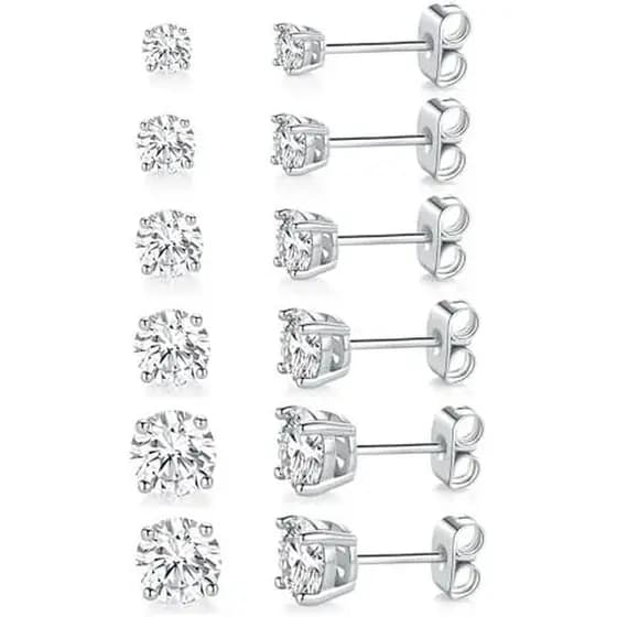 Brinco Redondo Transparente De Zircônia Cúbica Banhado A Ouro Branco 18K 4 Pong Pacote De 6 Pares