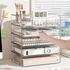 Caixa de armazenamento empilhável de mesa, transparente, informações de arquivo de mesa, caixa organizadora de papel a4,