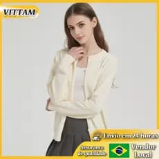VITTA Cardigan Suéter Feminino Adulto Top de Malha Exterior Puro Algodão Fino Gola Redonda Jaqueta Fina de Malha